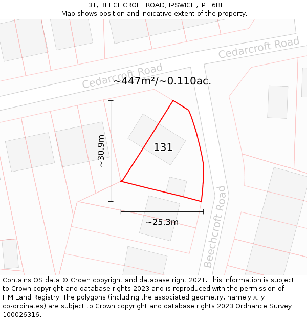 131, BEECHCROFT ROAD, IPSWICH, IP1 6BE: Plot and title map
