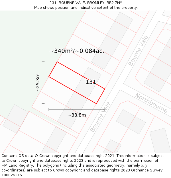 131, BOURNE VALE, BROMLEY, BR2 7NY: Plot and title map