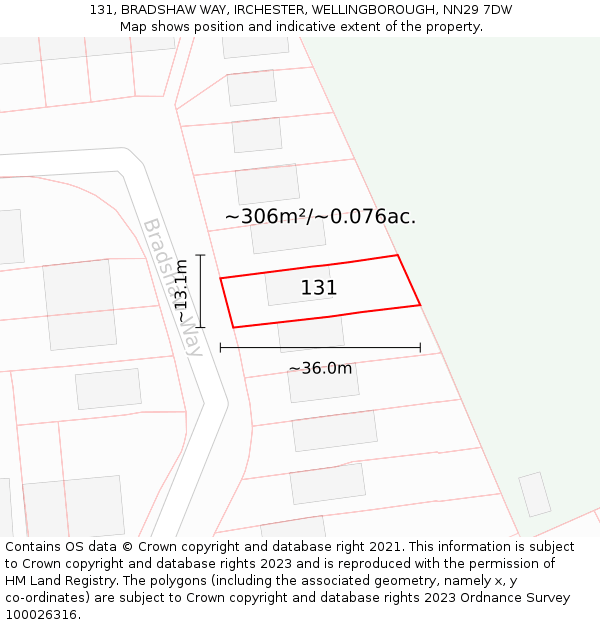 131, BRADSHAW WAY, IRCHESTER, WELLINGBOROUGH, NN29 7DW: Plot and title map
