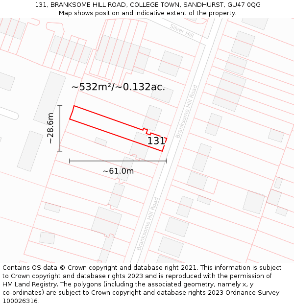131, BRANKSOME HILL ROAD, COLLEGE TOWN, SANDHURST, GU47 0QG: Plot and title map