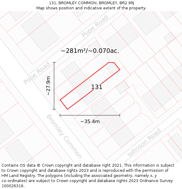 131, BROMLEY COMMON, BROMLEY, BR2 9RJ: Plot and title map