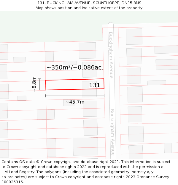 131, BUCKINGHAM AVENUE, SCUNTHORPE, DN15 8NS: Plot and title map