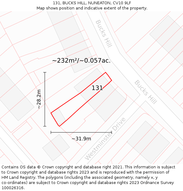 131, BUCKS HILL, NUNEATON, CV10 9LF: Plot and title map