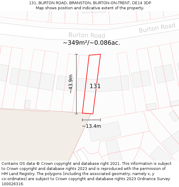 131, BURTON ROAD, BRANSTON, BURTON-ON-TRENT, DE14 3DP: Plot and title map