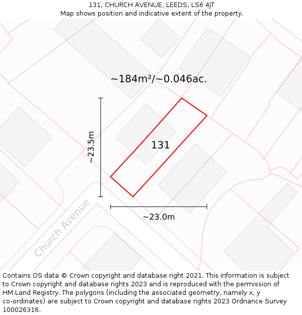 131, CHURCH AVENUE, LEEDS, LS6 4JT: Plot and title map