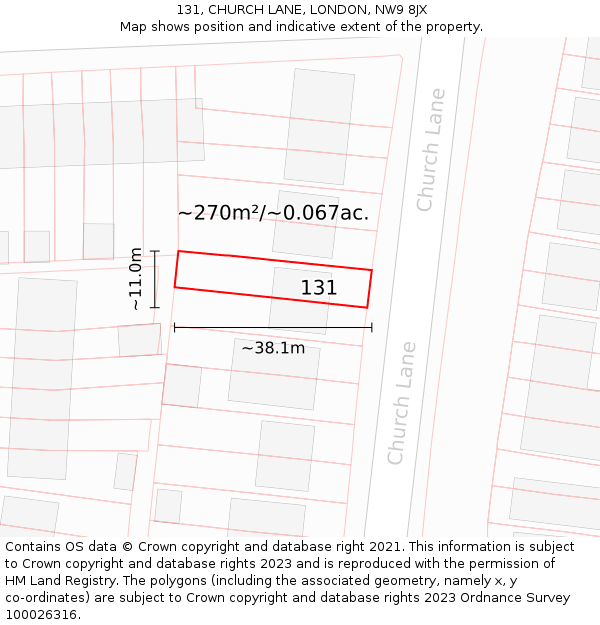 131, CHURCH LANE, LONDON, NW9 8JX: Plot and title map