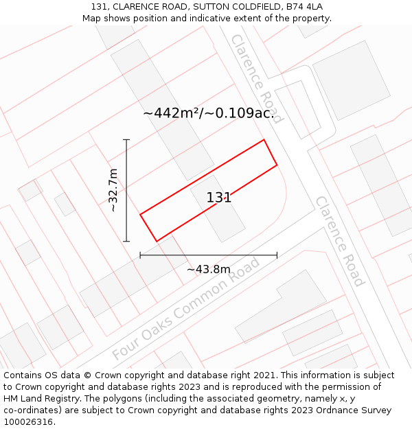 131, CLARENCE ROAD, SUTTON COLDFIELD, B74 4LA: Plot and title map