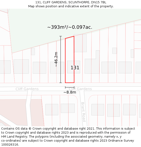 131, CLIFF GARDENS, SCUNTHORPE, DN15 7BL: Plot and title map