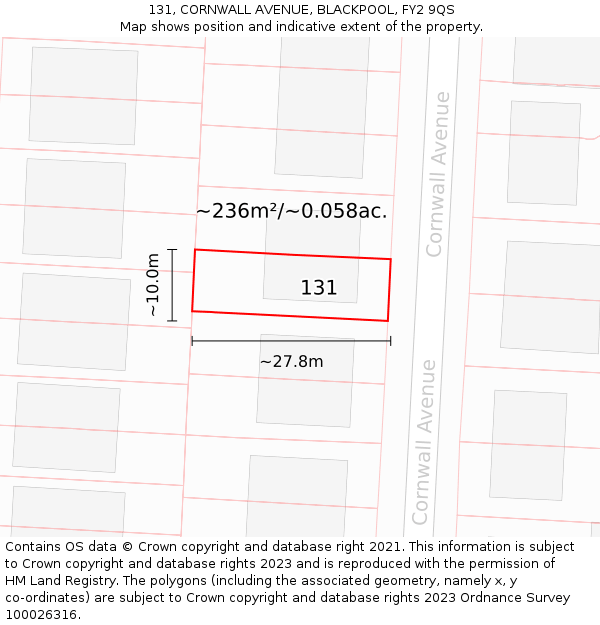 131, CORNWALL AVENUE, BLACKPOOL, FY2 9QS: Plot and title map