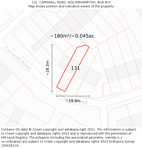 131, CORNWALL ROAD, WOLVERHAMPTON, WV6 8UY: Plot and title map