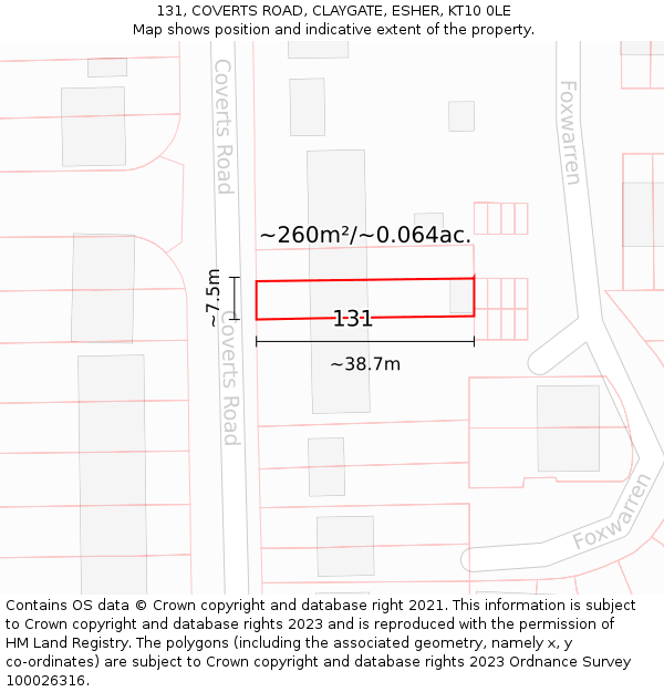 131, COVERTS ROAD, CLAYGATE, ESHER, KT10 0LE: Plot and title map