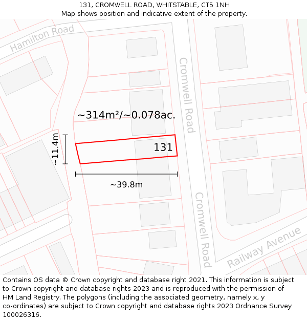 131, CROMWELL ROAD, WHITSTABLE, CT5 1NH: Plot and title map