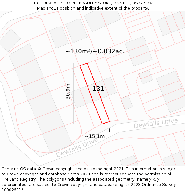 131, DEWFALLS DRIVE, BRADLEY STOKE, BRISTOL, BS32 9BW: Plot and title map