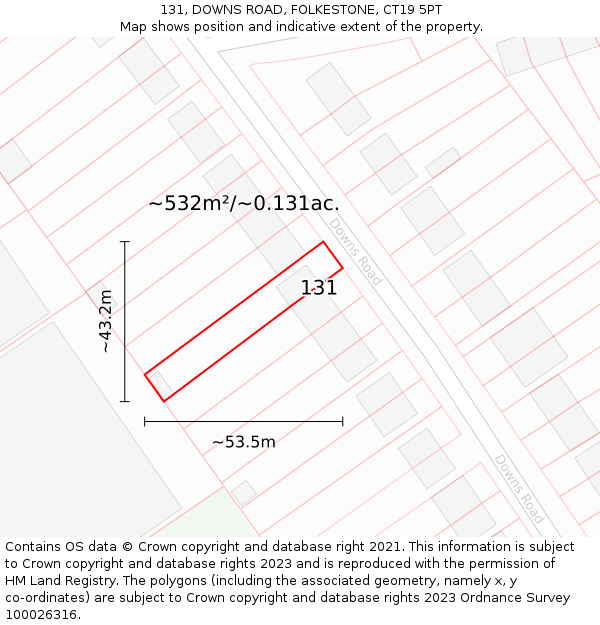 131, DOWNS ROAD, FOLKESTONE, CT19 5PT: Plot and title map
