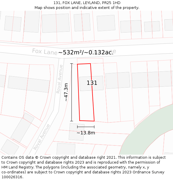 131, FOX LANE, LEYLAND, PR25 1HD: Plot and title map