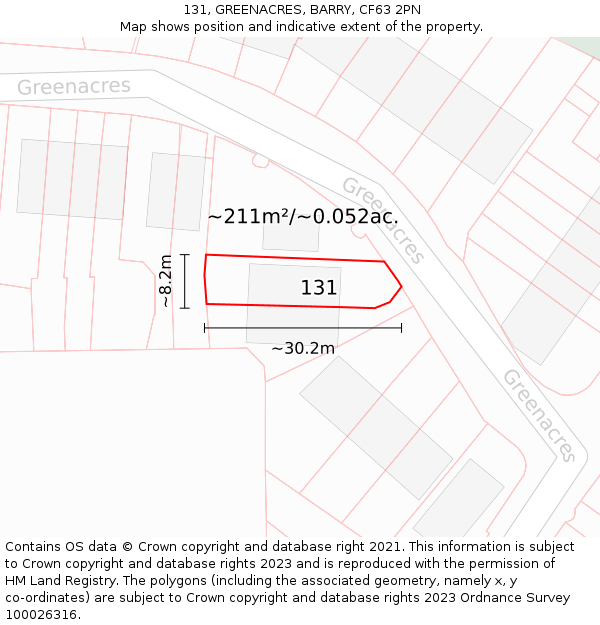 131, GREENACRES, BARRY, CF63 2PN: Plot and title map