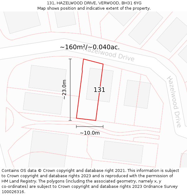 131, HAZELWOOD DRIVE, VERWOOD, BH31 6YG: Plot and title map