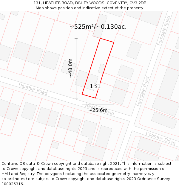 131, HEATHER ROAD, BINLEY WOODS, COVENTRY, CV3 2DB: Plot and title map
