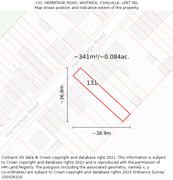131, HERMITAGE ROAD, WHITWICK, COALVILLE, LE67 5EL: Plot and title map
