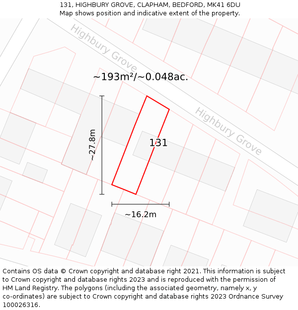 131, HIGHBURY GROVE, CLAPHAM, BEDFORD, MK41 6DU: Plot and title map