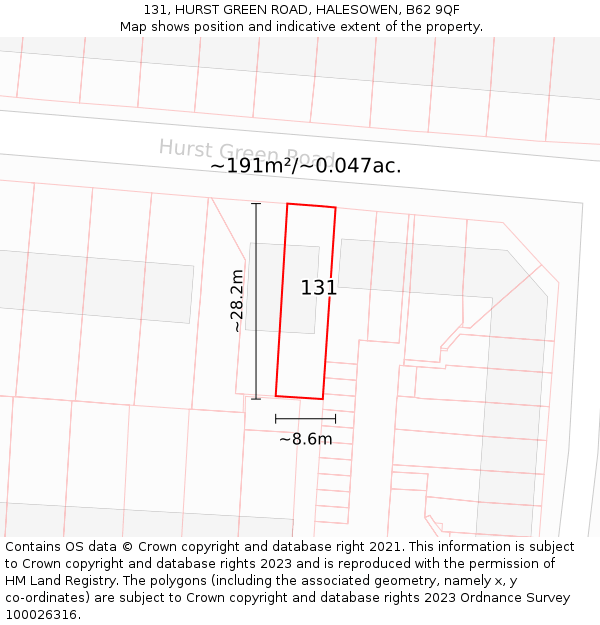 131, HURST GREEN ROAD, HALESOWEN, B62 9QF: Plot and title map