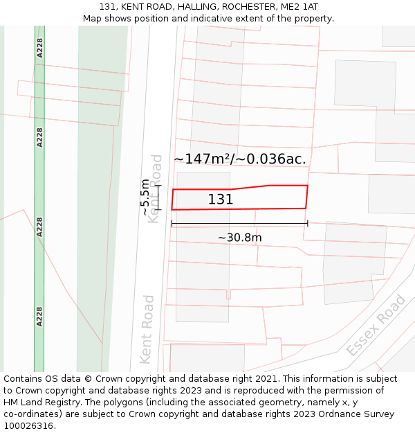 131, KENT ROAD, HALLING, ROCHESTER, ME2 1AT: Plot and title map