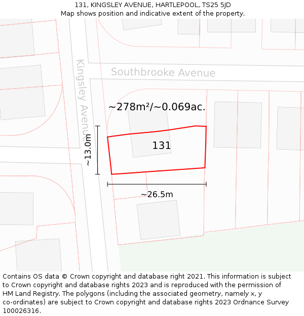 131, KINGSLEY AVENUE, HARTLEPOOL, TS25 5JD: Plot and title map