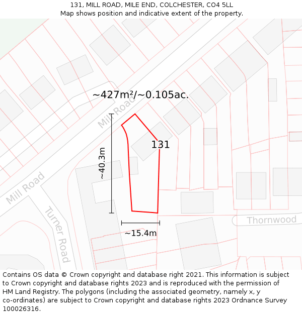 131, MILL ROAD, MILE END, COLCHESTER, CO4 5LL: Plot and title map
