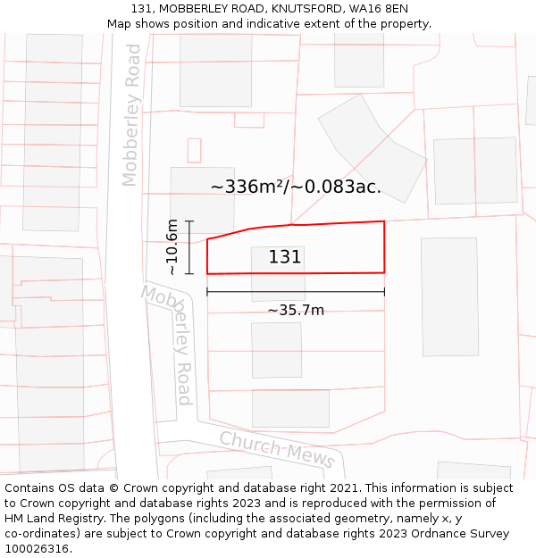 131, MOBBERLEY ROAD, KNUTSFORD, WA16 8EN: Plot and title map
