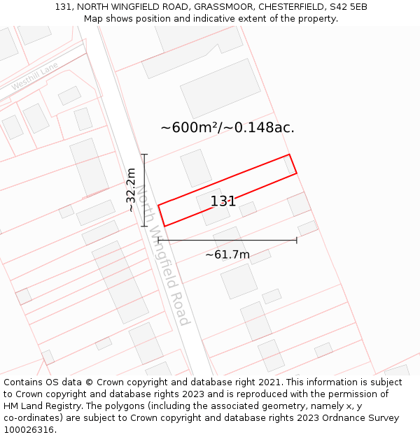 131, NORTH WINGFIELD ROAD, GRASSMOOR, CHESTERFIELD, S42 5EB: Plot and title map