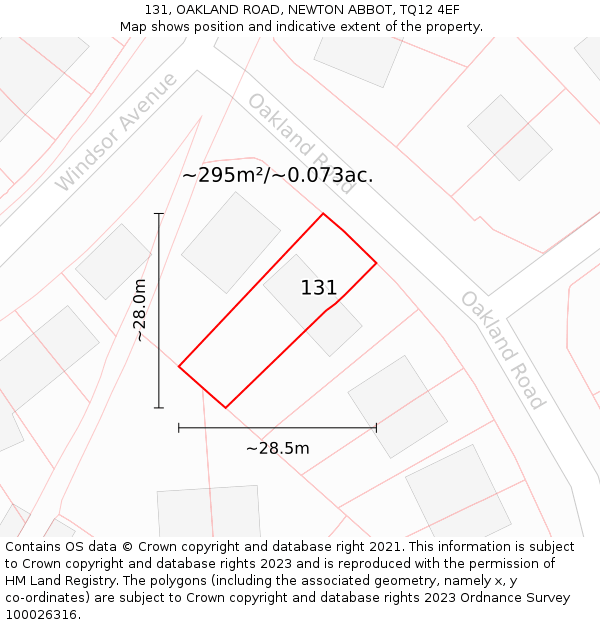 131, OAKLAND ROAD, NEWTON ABBOT, TQ12 4EF: Plot and title map