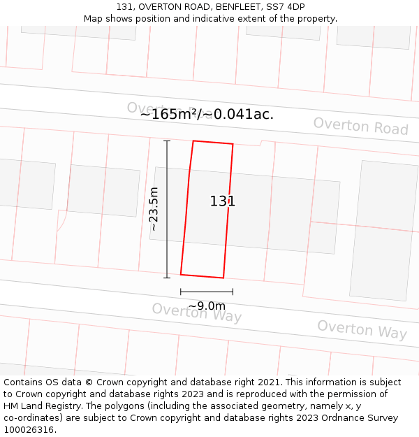 131, OVERTON ROAD, BENFLEET, SS7 4DP: Plot and title map