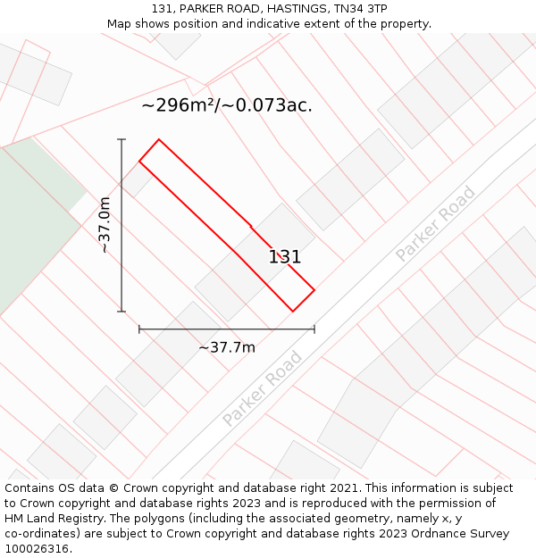 131, PARKER ROAD, HASTINGS, TN34 3TP: Plot and title map