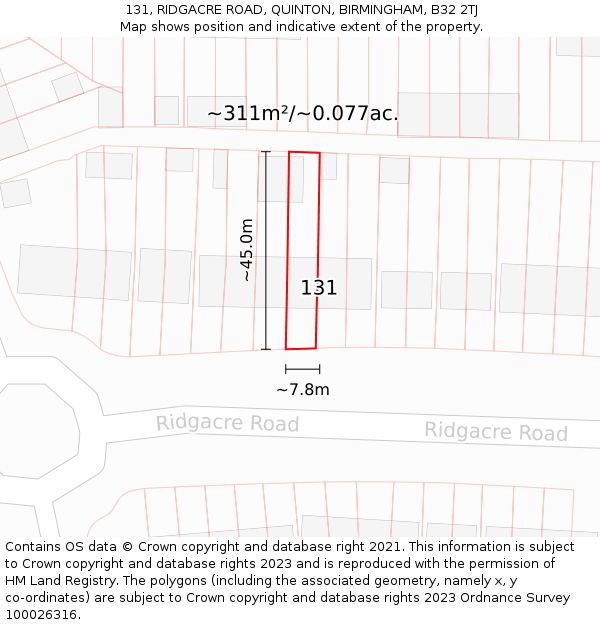 131, RIDGACRE ROAD, QUINTON, BIRMINGHAM, B32 2TJ: Plot and title map
