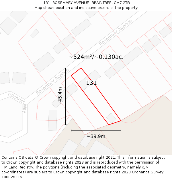 131, ROSEMARY AVENUE, BRAINTREE, CM7 2TB: Plot and title map