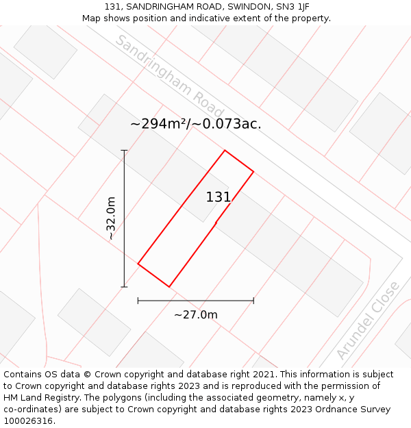 131, SANDRINGHAM ROAD, SWINDON, SN3 1JF: Plot and title map