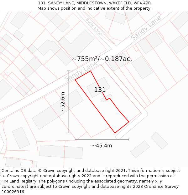 131, SANDY LANE, MIDDLESTOWN, WAKEFIELD, WF4 4PR: Plot and title map