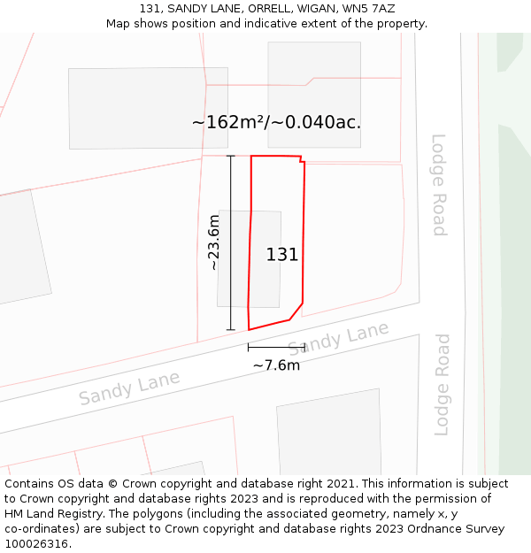 131, SANDY LANE, ORRELL, WIGAN, WN5 7AZ: Plot and title map