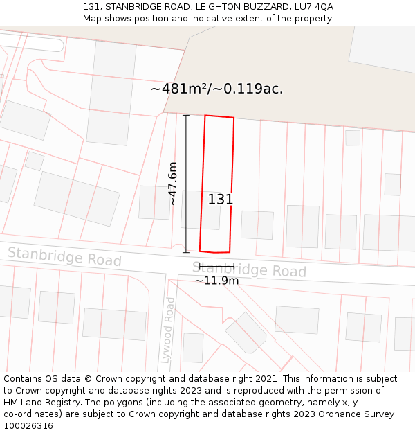 131, STANBRIDGE ROAD, LEIGHTON BUZZARD, LU7 4QA: Plot and title map