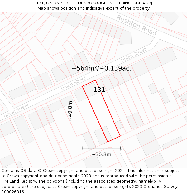 131, UNION STREET, DESBOROUGH, KETTERING, NN14 2RJ: Plot and title map