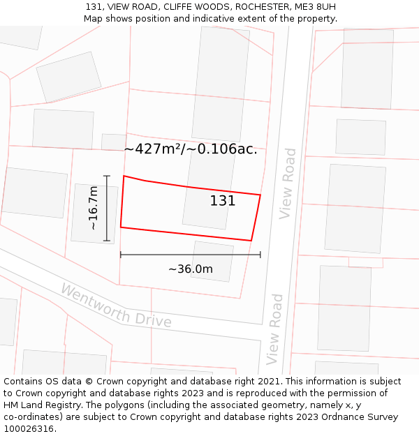 131, VIEW ROAD, CLIFFE WOODS, ROCHESTER, ME3 8UH: Plot and title map