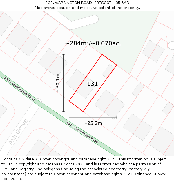 131, WARRINGTON ROAD, PRESCOT, L35 5AD: Plot and title map