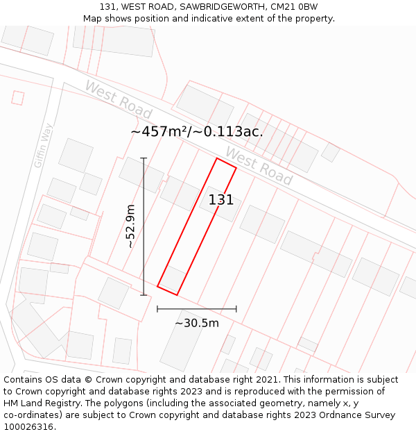 131, WEST ROAD, SAWBRIDGEWORTH, CM21 0BW: Plot and title map