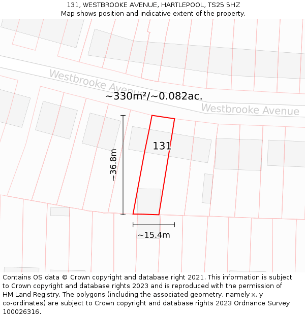 131, WESTBROOKE AVENUE, HARTLEPOOL, TS25 5HZ: Plot and title map