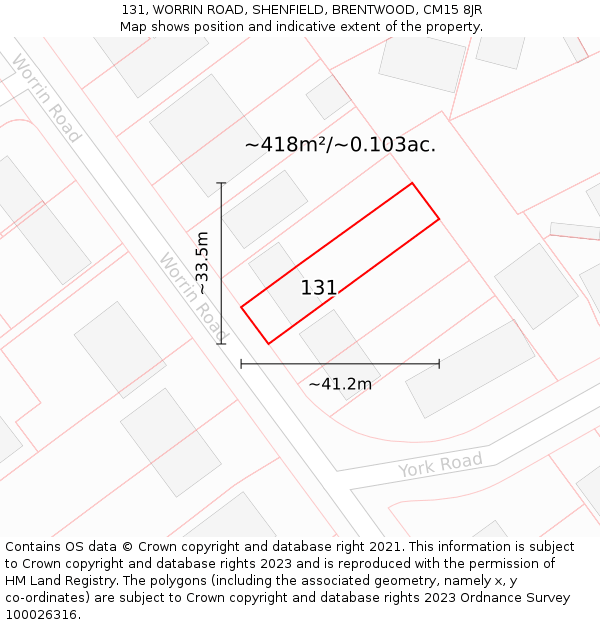 131, WORRIN ROAD, SHENFIELD, BRENTWOOD, CM15 8JR: Plot and title map