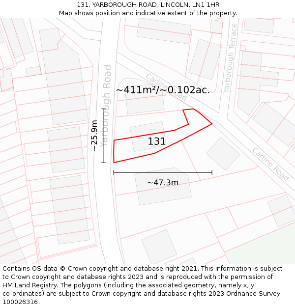 131, YARBOROUGH ROAD, LINCOLN, LN1 1HR: Plot and title map