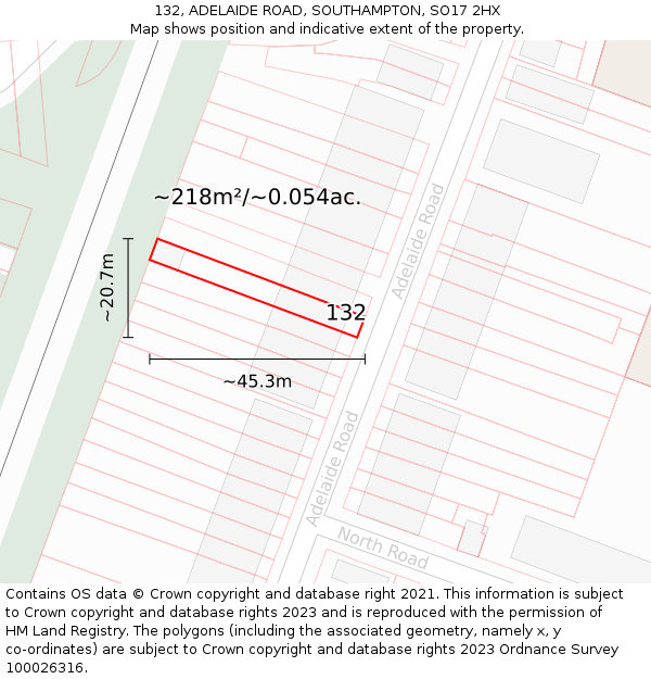 132, ADELAIDE ROAD, SOUTHAMPTON, SO17 2HX: Plot and title map