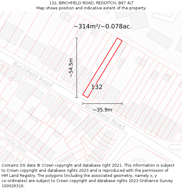 132, BIRCHFIELD ROAD, REDDITCH, B97 4LT: Plot and title map