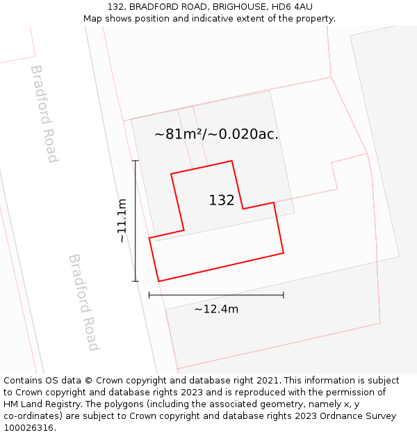 132, BRADFORD ROAD, BRIGHOUSE, HD6 4AU: Plot and title map