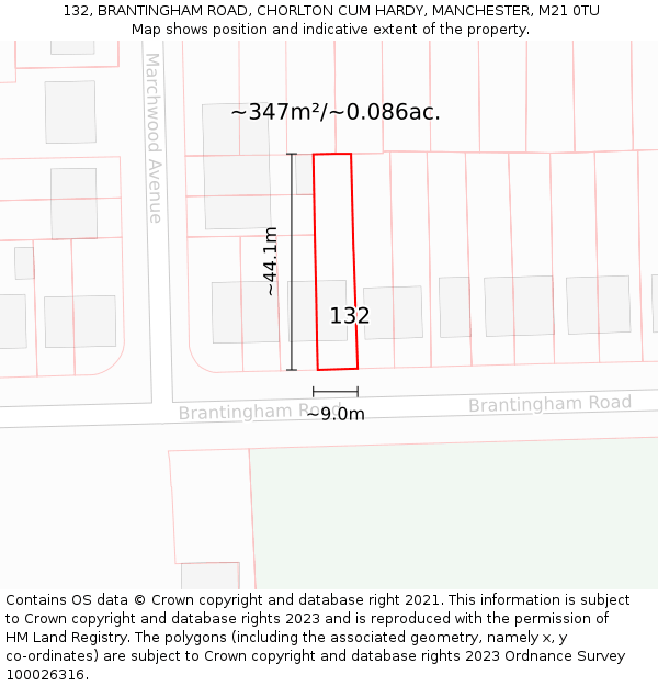 132, BRANTINGHAM ROAD, CHORLTON CUM HARDY, MANCHESTER, M21 0TU: Plot and title map